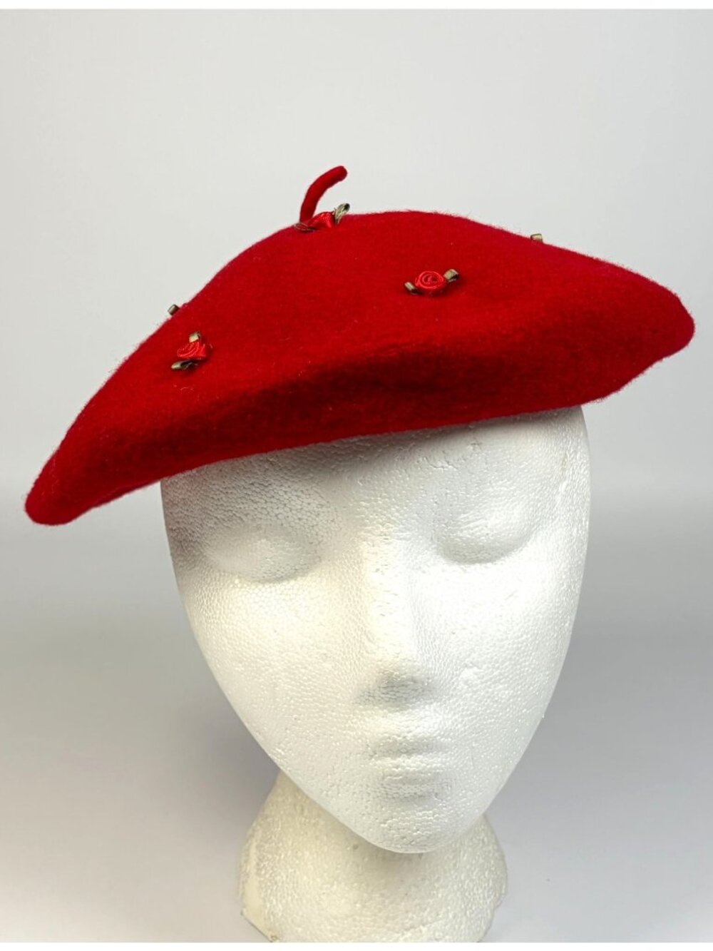 Vintage Red Wool Beret with Rose Embellishments French Boho Casual Festival